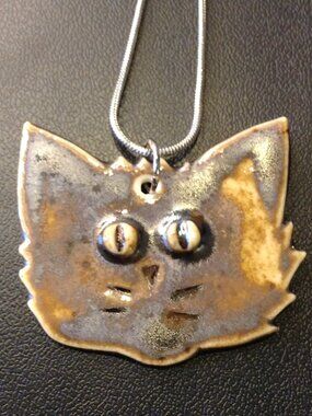 Folk Art Clay Cat Pendant on Silvertone Chain Tabby Cat Unique Charming Handmade